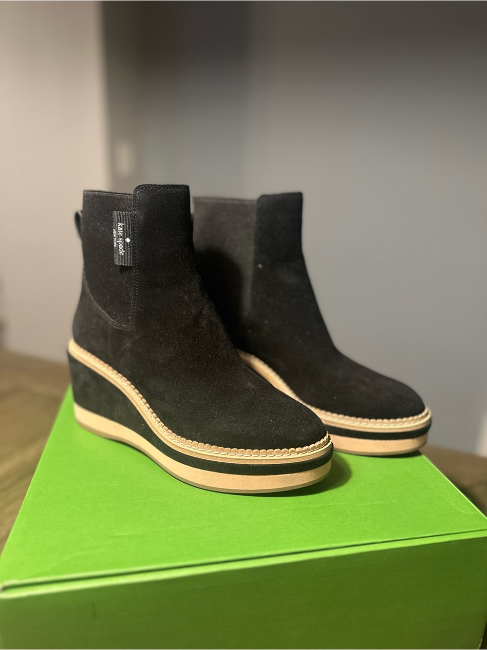 Kate Spade Black Suede Wedge Booties